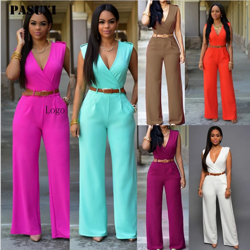 PASUXI Custom One Piece Set Women Clothing Belt Solid Jumpsuits Sleeveless Pants Off Shoulder V Neck Elegant Rompers