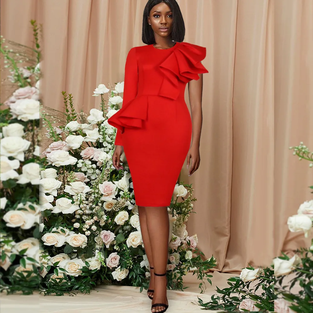 

AM210828 High Quality Long Sleeve One Shoulder O Neck Ruffles Party Dress Ladies Formal Dresses For Women Evening Trendy Dress