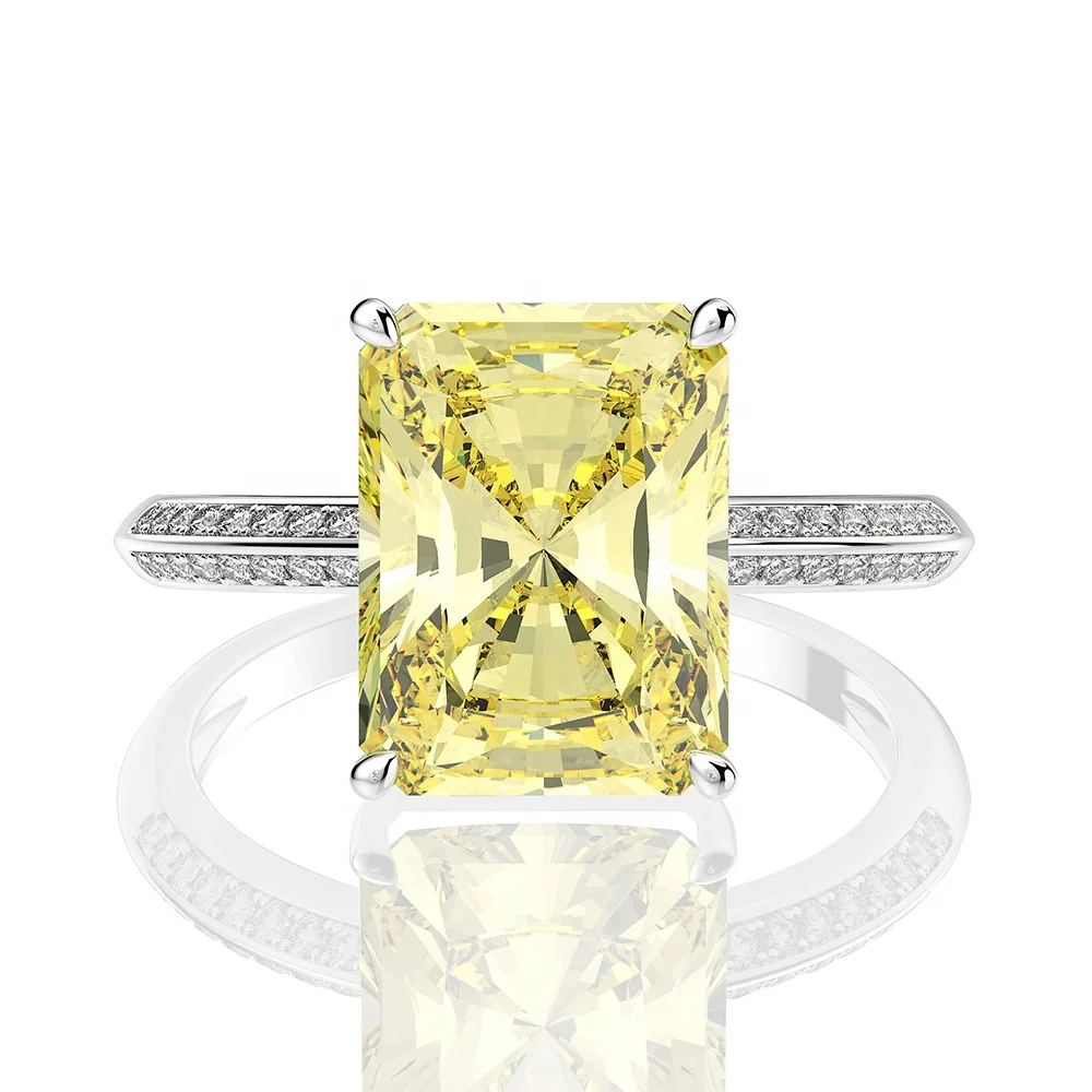 

Fancy Cushion Cut 925 Sterling Silver Zircon Yellow Diamond Ring Rectangular 9*12mm Goose Yellow Engagement Ring