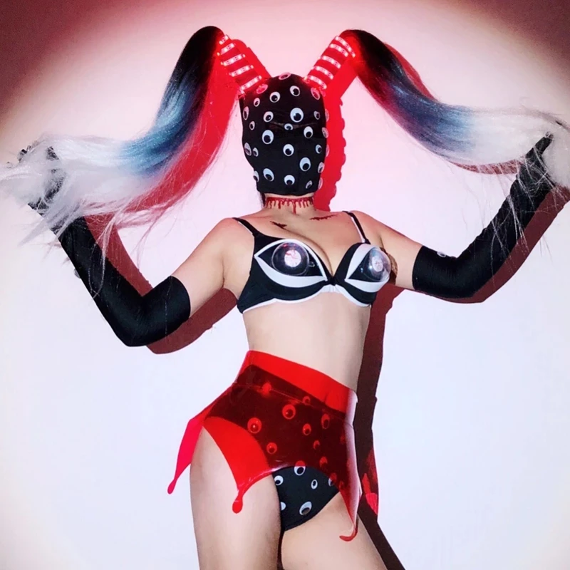 

Led Full Eyes Headgwear Bikini Gradient Wig Nightclub Party Outfits Female Dj Ds Gogo Dance costume