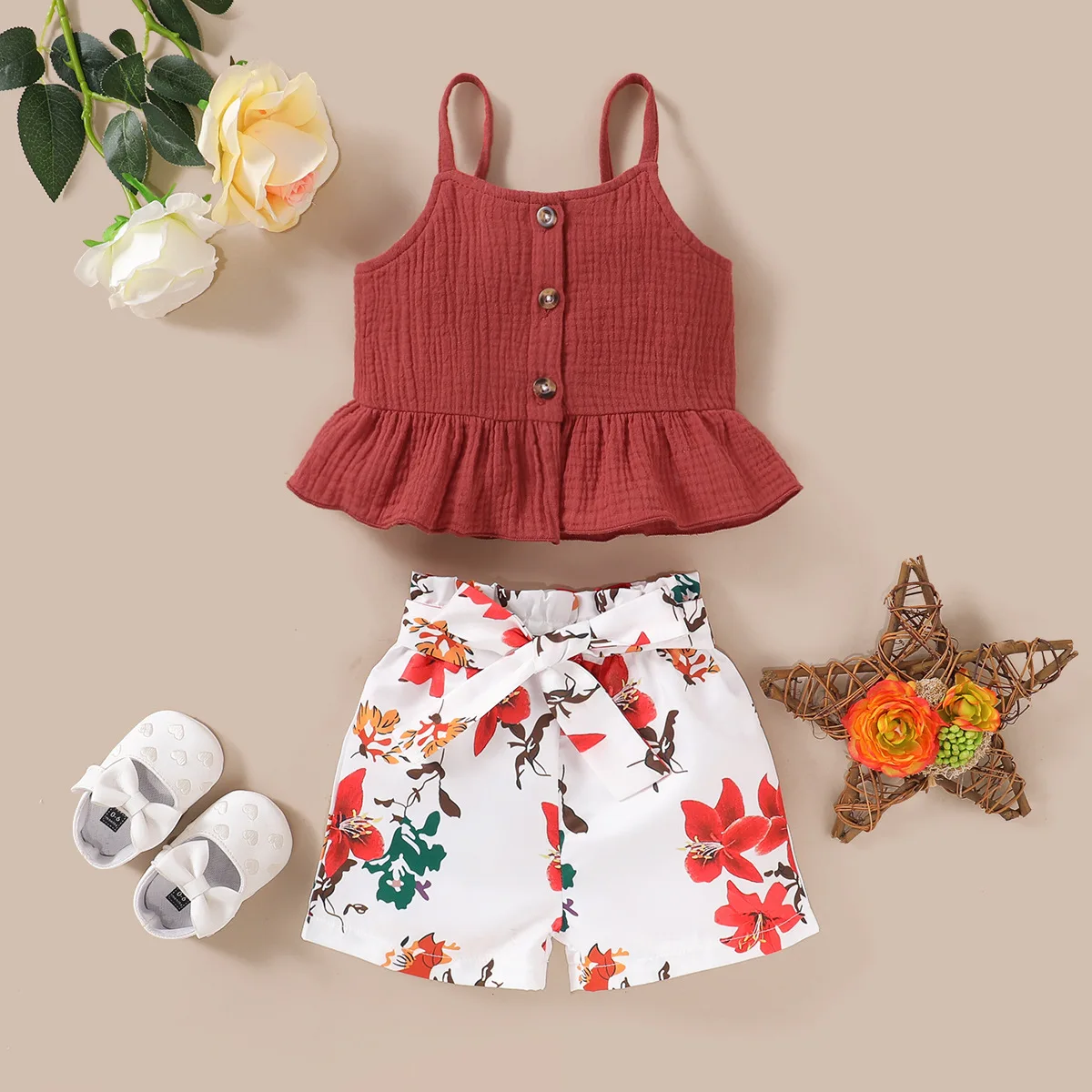 

wholesale 2pcs summer toddler Girls boutique set Sleeveless Crop Tops +floral shorts Outfits casual Set, As image shown