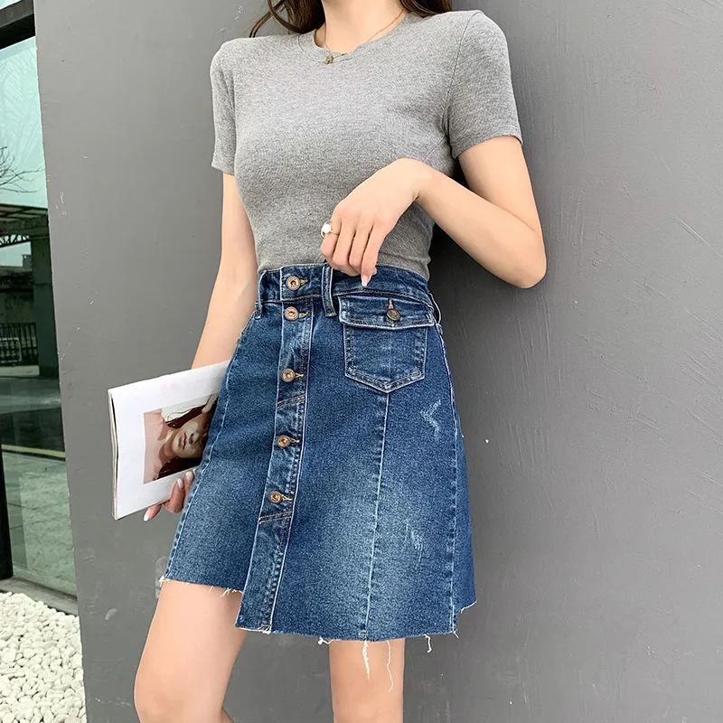 

2021 summer hot sales button HongKong high school HK style Navy jeans skirt dark blue