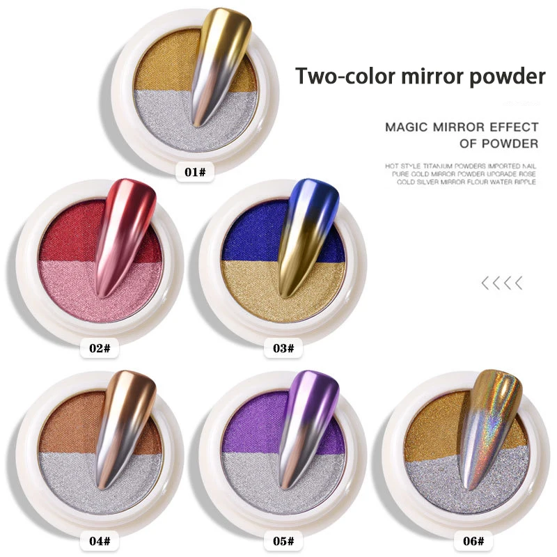 

Misscheering Two-color mirror powder Nail Holographic Mirror Effect Powder Chrome Pigment Powder Enamel Gel Gold Silver Mirror, As photo show