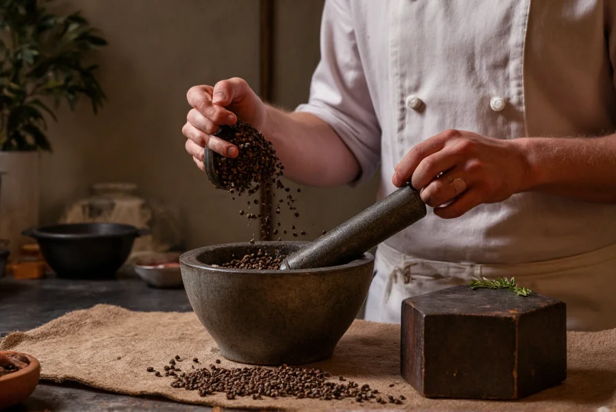 Chef grinding Cameroon pepper seeds in a mortar and pestle for cooking