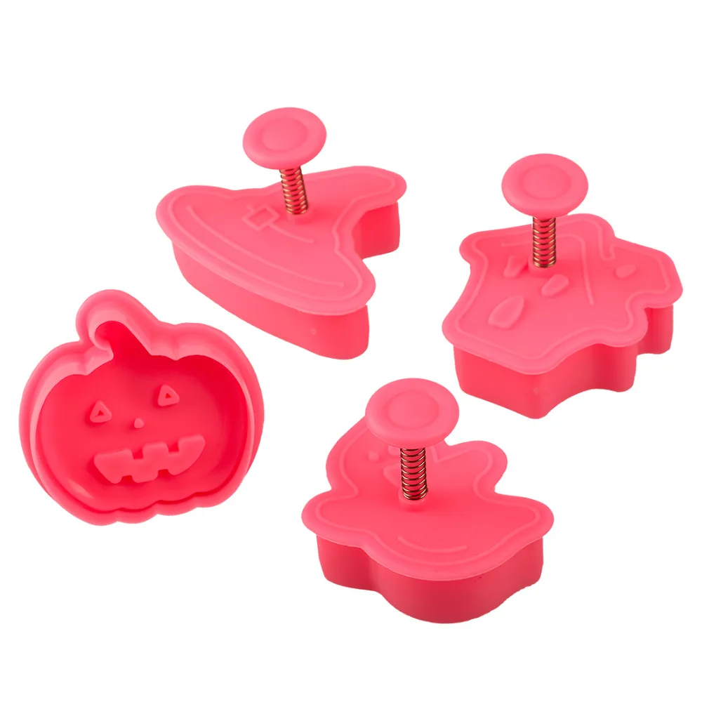 

4pcs/set Plastic Christmas Halloween Cookie Cutter Mould Plunger Stamp Fondant Cake Decorating Tools, Colored