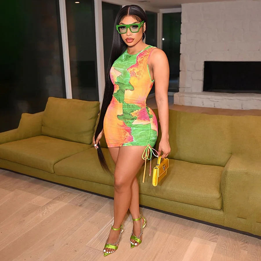 

Kliou K21D06594 Wholesale Price Autumn Print Dress Beach Sleeveless Casual Dress Women, Customized color