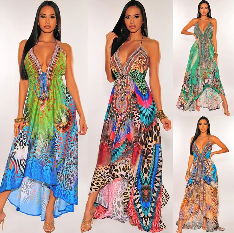 

Summer new foreign trade cross-border European and American women's sexy retro V-neck print halter dress, Picture color