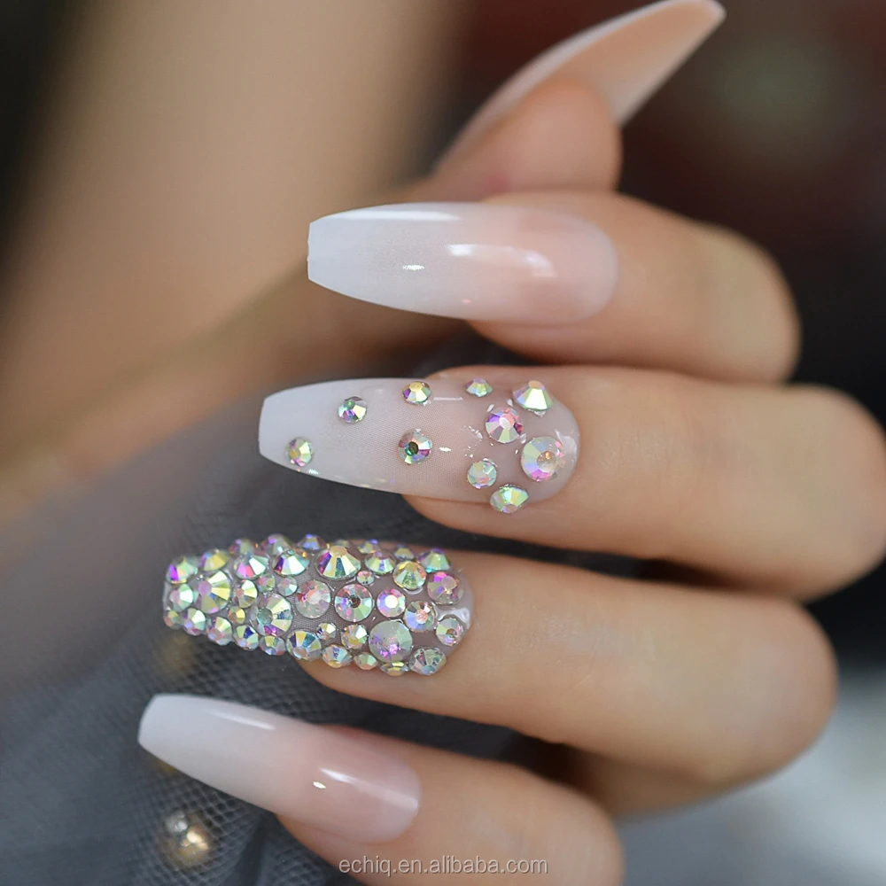 Crystal Ombre Nails Full Designed Rhinestones Ballerina Fake Nails Long  Natural White Designer Nail Art Tips L5419 - Buy Strass Nails,Ombre Nails,Coffin  Nail Product on 
