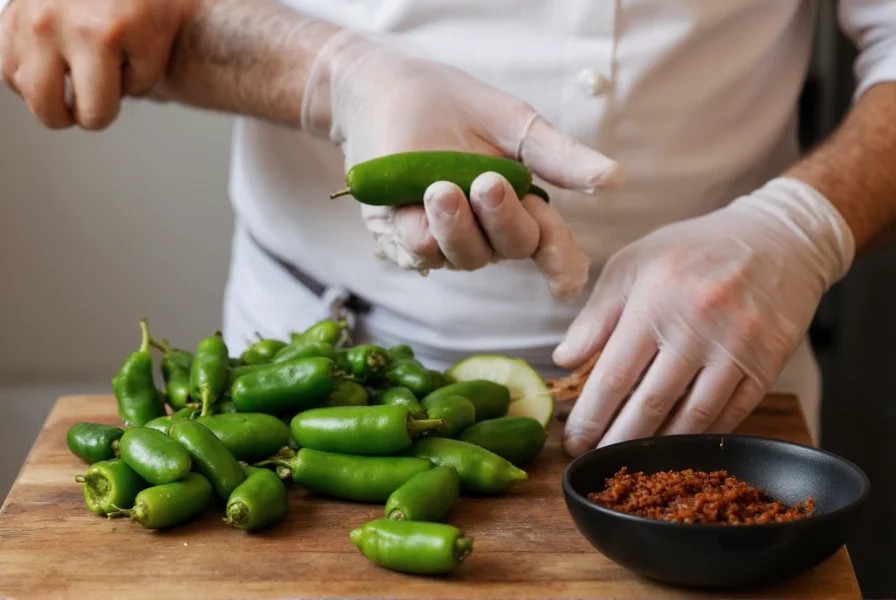 Chef preparing jalapeño peppers with gloves, demonstrating safe handling techniques for hot peppers