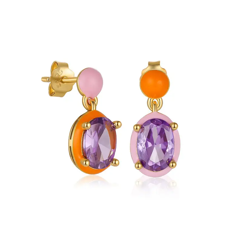 

925 sterling silver fashion jewelry earrings egg-shaped zircon drip oil enamel color asymmetry gold plated stud earrings