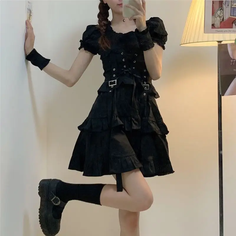 

Women'S Gothic Lolita Dress Gothic Punk Mall Goth Kawaii Cute Ruffle Bandage Black Mini Dress 2022 Emo Clothes Summer