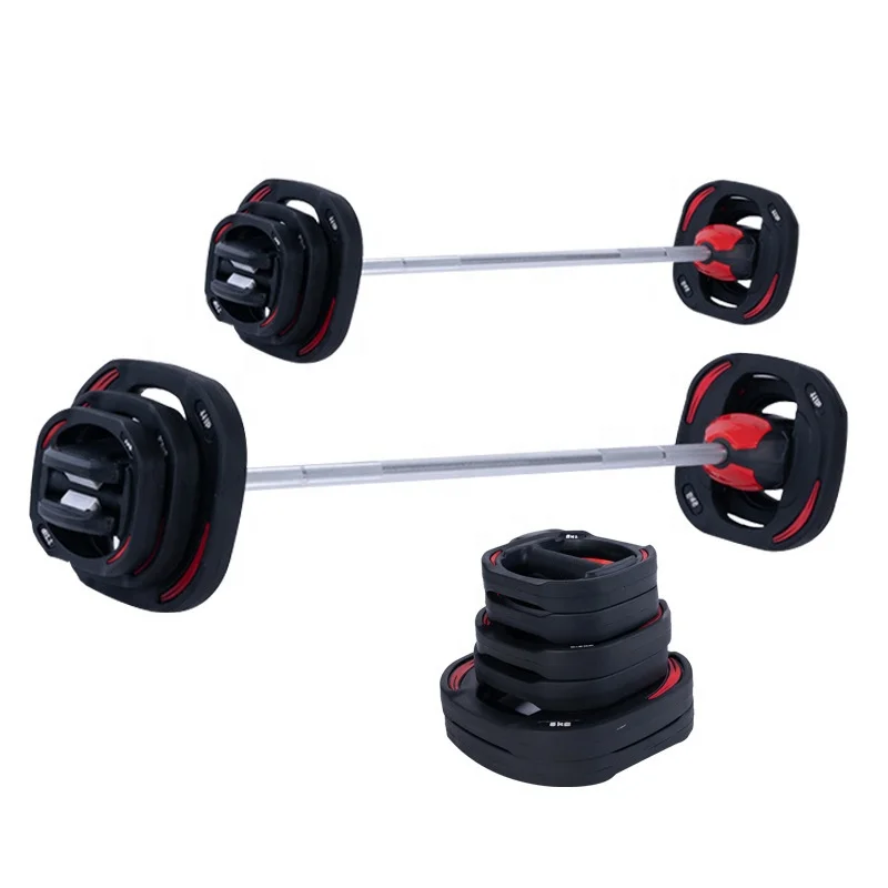 

Fitness Workout Adjustable PU Rubber Weights Plate 20kg Hard Chrome Rod weight lifting Crocodile Mouth Barbell Set, Red+black