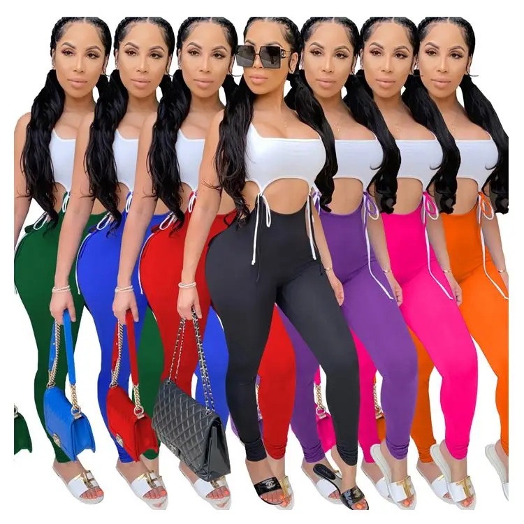 

Sexy Womens 2 Piece Outfit Set Strap Tops And Bodycon Long Leggings Trousers Fashion Female Jogger Pants, Fashion solid colors