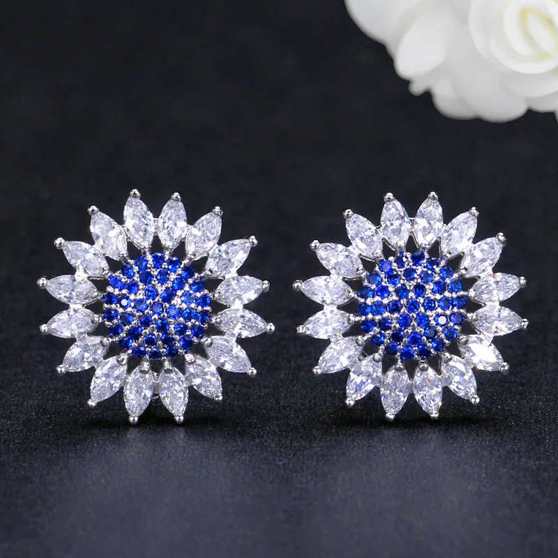 Dazzling Big Round Sun Flower Shape Sky Blue Cubic Zircon Women Fashion Jewelry Holiday Gifts Stud Earrings Costume Accessory