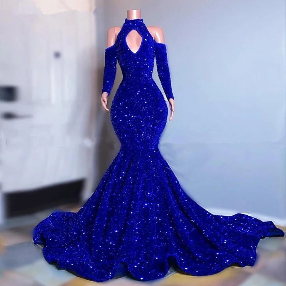 

EV108 Royal Blue Sparkly Sequins Prom Dress Full Sleeves Vestidos De Gala Off Shoulder Mermaid Formal Party Evening Gowns