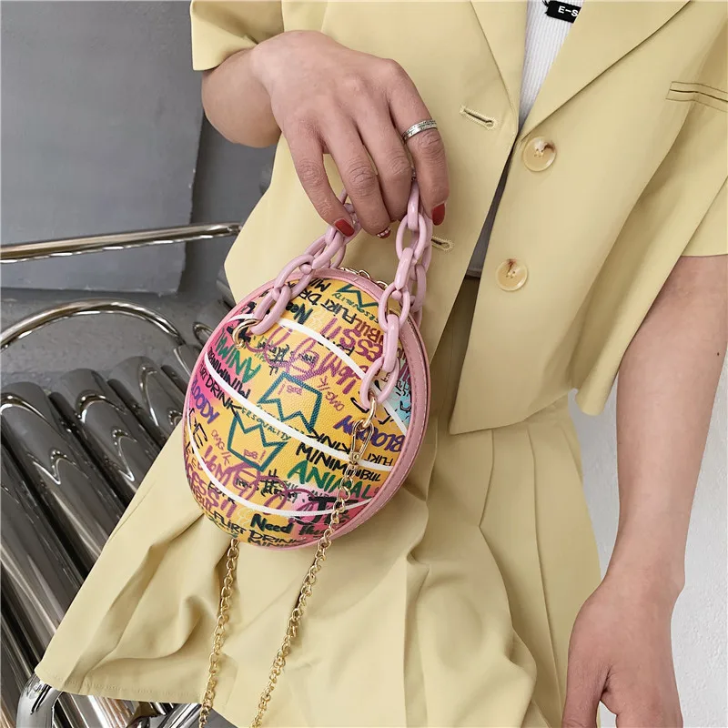 

2021 New arrival fashion personality round crossbody shoulder bags basketball purses women graffiti handbag, 7colors