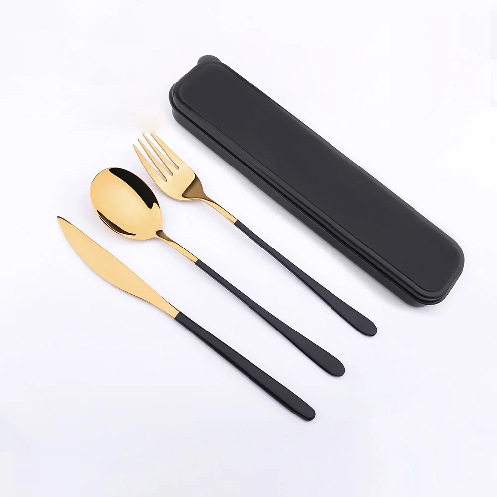 

Wholesale Korean Style Cutlery Set Black Silverware Reusable Cutlery Set Portable Travel, Gold+color handle