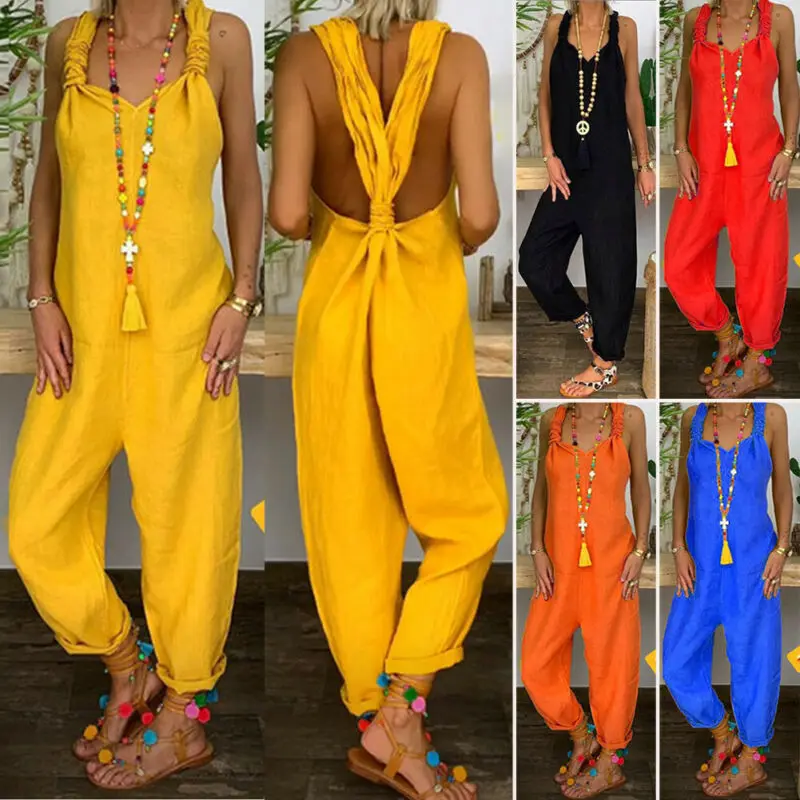 

20% Off Women Casual Solid Strappy Dungarees Vintage Cotton Linen Loose Rompers Party Women Casual Long Harem Overalls Jumpsuits