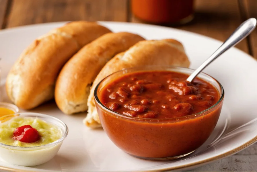 Homemade chili sauce served alongside hot dogs on a plate with condiments