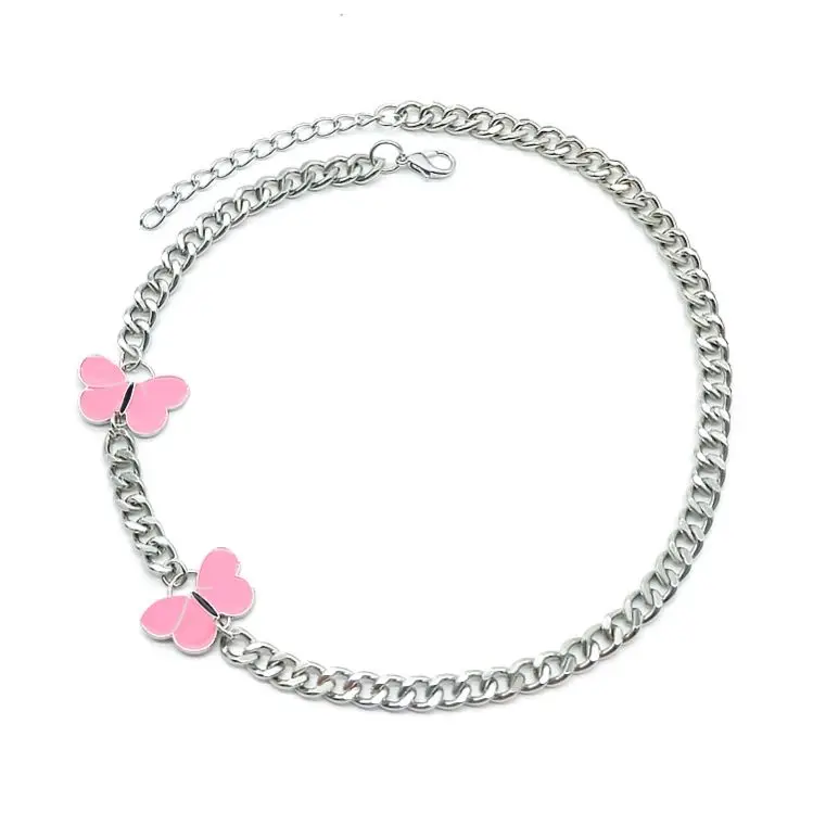 

stainless steel pink epoxy statement butterfly necklace women, Picture