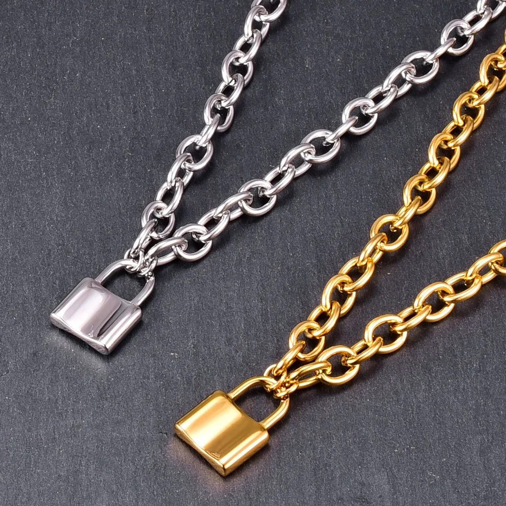 

Factory Price Stainless Steel Jewelry Lock Pendant Paper Clip Chunky Chain Necklace For Women, Picture shows