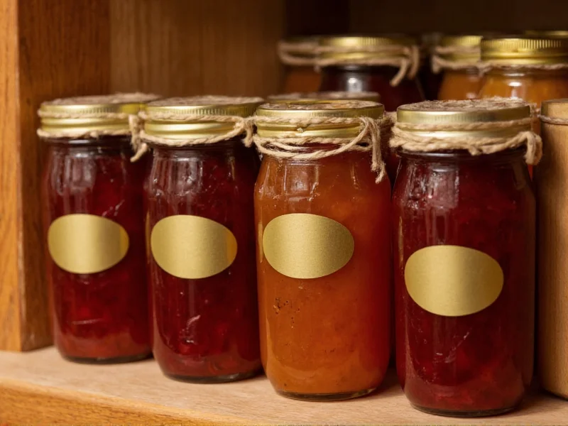 Homemade jam jars with golden labels on wooden shelf
