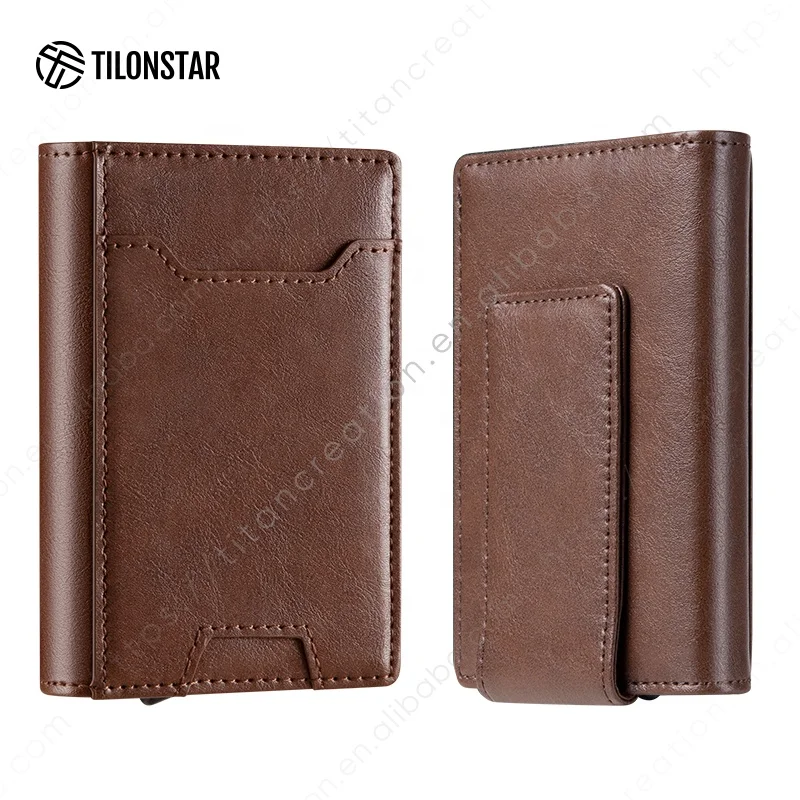 

Vintage Genuine Leather Men Genuine Pop Up Wallets Credit Card Holder Wallet RFID Blocking Magnetic Money Clip