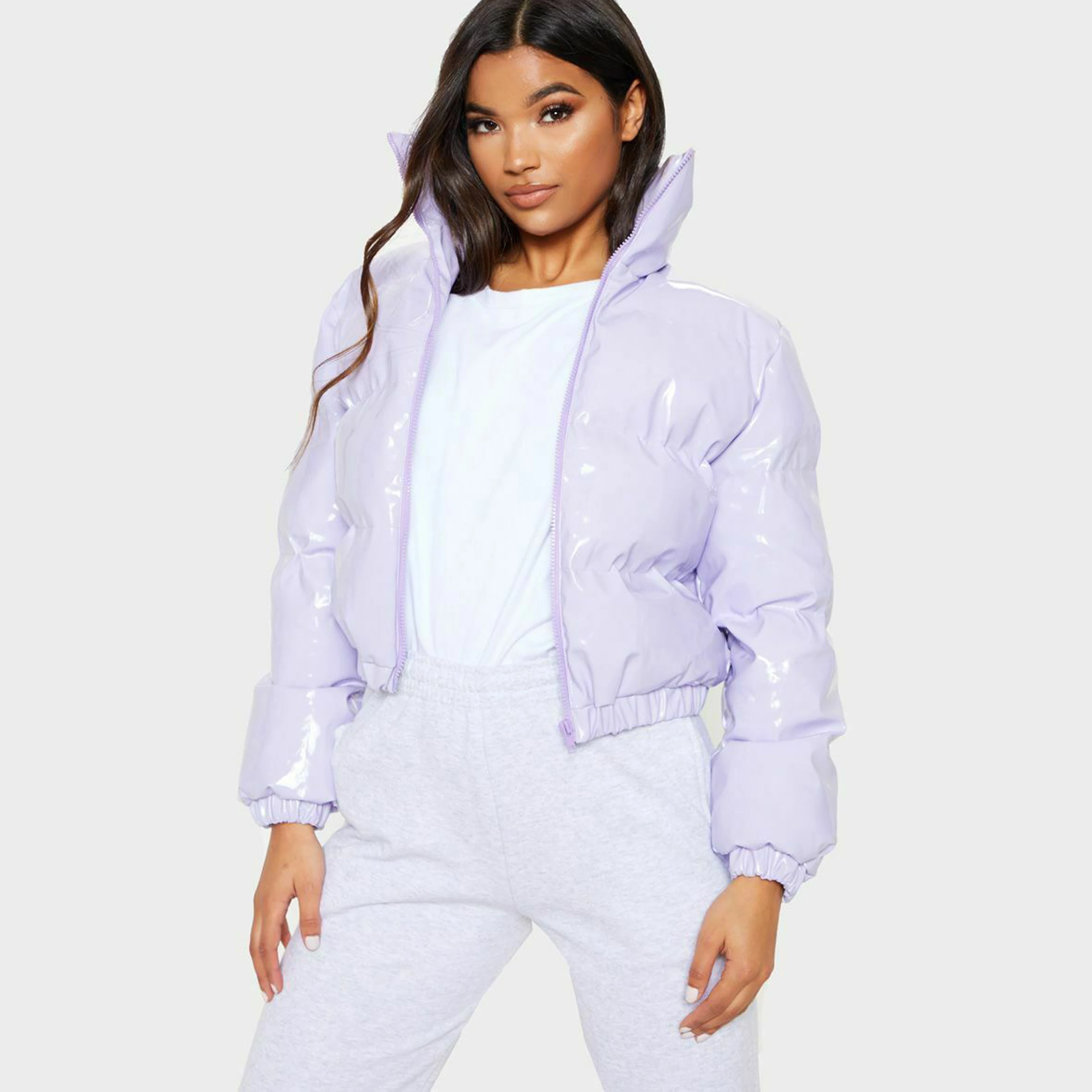

ALL FINE Dropshipping Wholesale New Design Turn Down Collar Zipper Cotton Women Winter Puffer Down Jacket Coat, Black/yellow/pink/gray/orange/red/purple