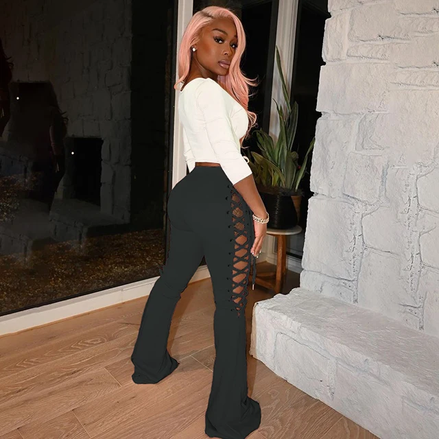 

Fashion Side Hollow Out Solid High Waist Bootcut Pants 2021 Latest Summer Urban Trousers Women -YS, Pink,black,red