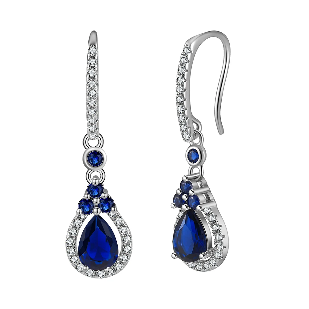 LZE12 RINNTIN Water Drop Created Sapphire Dangle Earrings Bridal Jewelry 925 Sterling Silver Drop Earrings for Women Girls