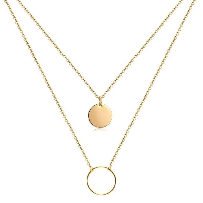 

Elegant delicate double layer style round hollow circle shape hot sale gold circle pendant necklace stainless steel for women