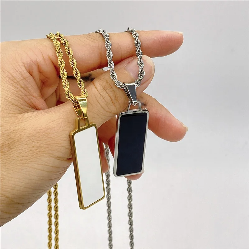 

Trendy Jewelry Simple 316l Stainless Steel Twist Chain Black Card Charm Long Geometry Enamel Pendant Necklace For Women Men