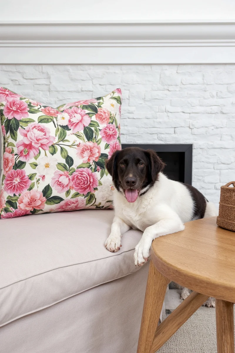 A cozy living room with peony accents and a golden retriever lounging nearby