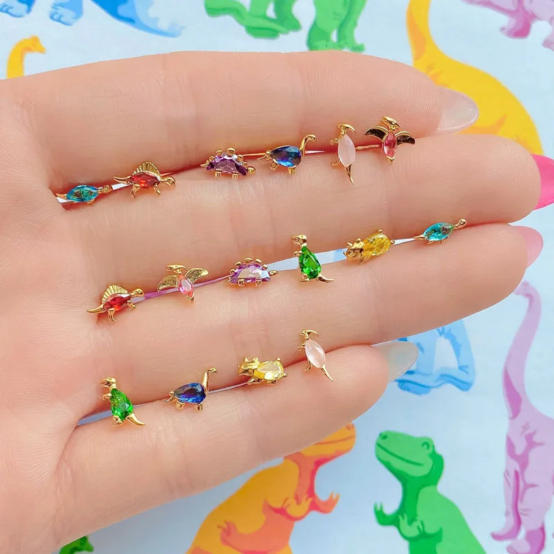 

Cute jewelry 18K gold plated dinosaur colorful CZ diamond stud earrings for women girls