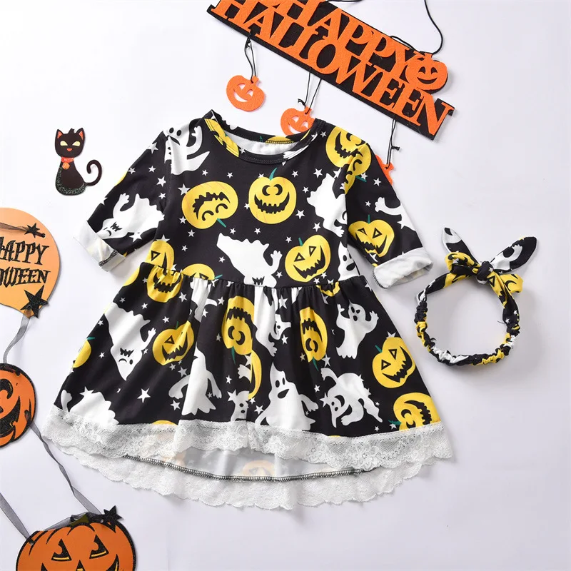 

Halloween ghost pumpkin head printing lace skirt fashion sets high quality girls party clothing children's, Black