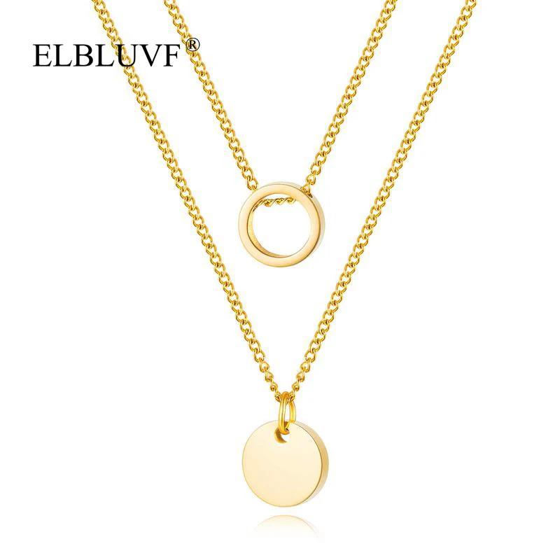 

ELBLUVF Free Shipping Stainless Steel Circular Round Shape Multiple Double Layers Necklace For Women, Gold