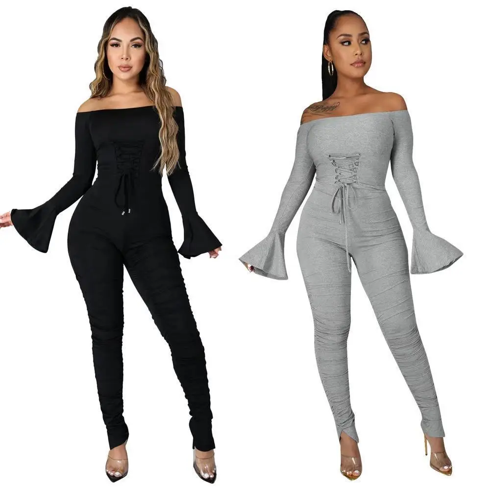 

B35505A 2021 In stock Sexy women winter off shoulder bandage jumpsuit