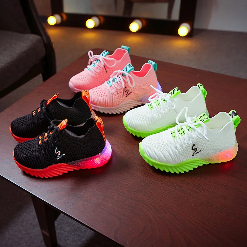 

Boys Girls Letter Sport Run Sneakers Casual Shoes Fashion Kids Mesh Sport Girl Led Light Shoes New Children Luminous Shoes, As pic