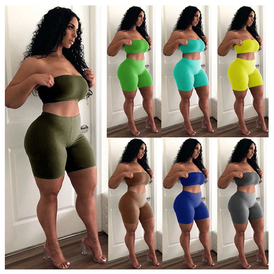 

2021 Summer Sexy 2 Piece Set Women Tube with Short Bodycon Yoga Sports Two Pieces Sets Womens Jogging Fitness Set Wholesale