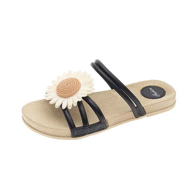 

Slippers Flat Women Shoes Woman Flat Flowers Fashion Outer Wear Beach Sandals Roman Non-slip Slippers, Black white pink