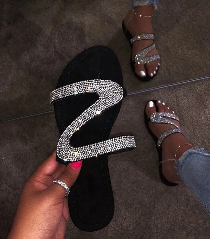 

Woman Sandals Sliver Crystal Shiny Slip-On Cut Out Ladies Flat Sandals Outdoor Holiday Slides, Customized color