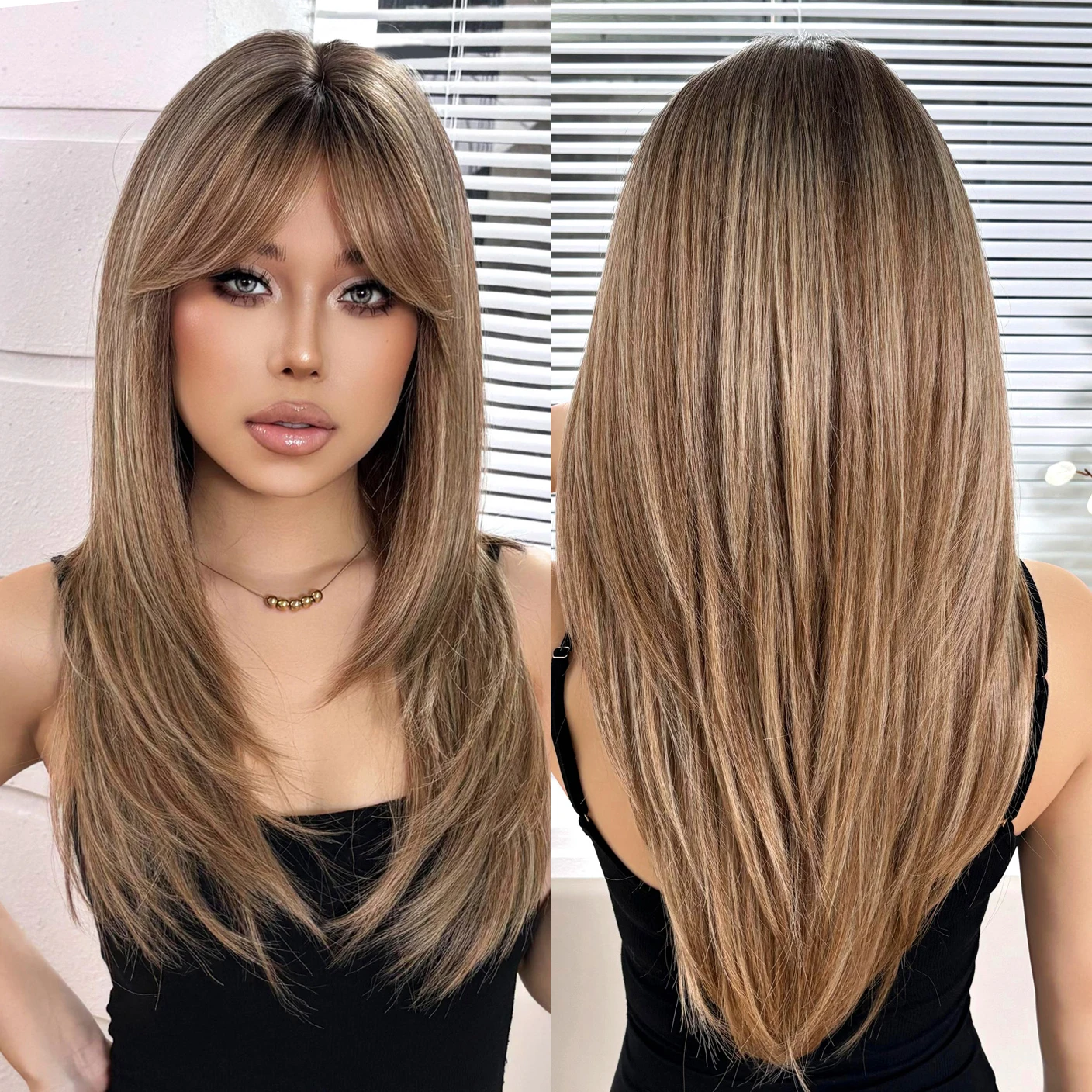 Wholesale Long Straight Wig Brown Gradient Synthetic Wig Real High Density Heat Resistant Anti-Scald Fiber Durable Matte