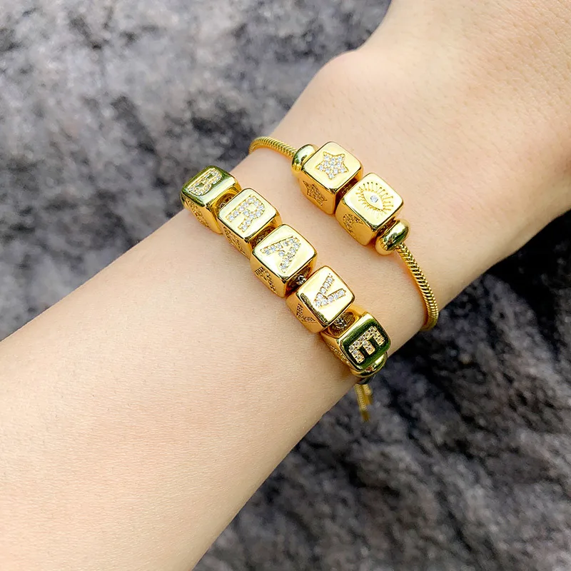 

European Hot Selling DIY Jewelry Adjustable Women Armband Gold Filled A-Z 26 Alphabets CZ Cube Initial Letter Slide Bracelet