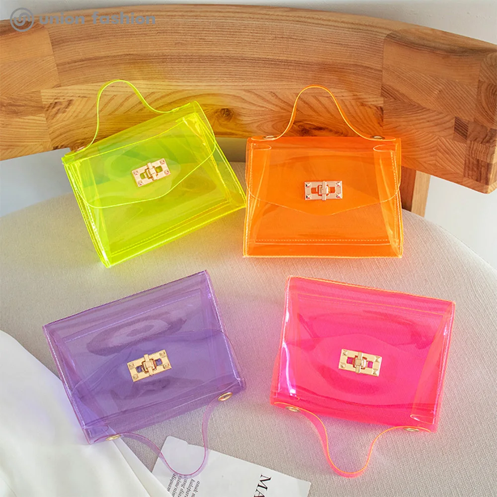 

New Arrival Fashionable Lady Chain Shoulder Small Crossbody Hand Bags Women Clear PVC Purse, Orange/yellow/purple/pink