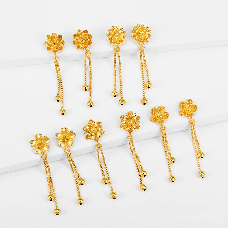 

E-212 Xuping fashion Dubai gold flower design long stud earrings jewelry beaded style women dangling earrings, 24k gold color
