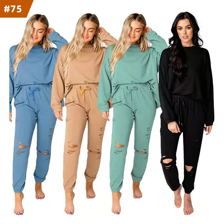 

new solid color sweatshirt crewneck jogger set women fall spring womens hollow out jogger tracksuit sets 2pc pants set women, Mix color is available