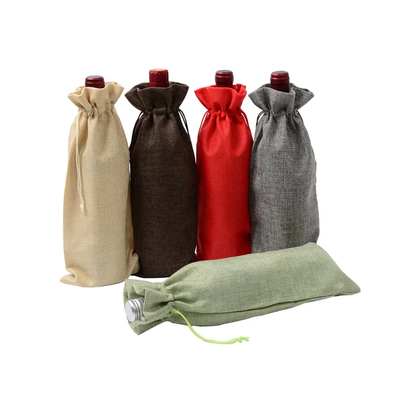

Colorful Jute Linen Gift Packaging Wine Bottle Carrier Drawstring Bag