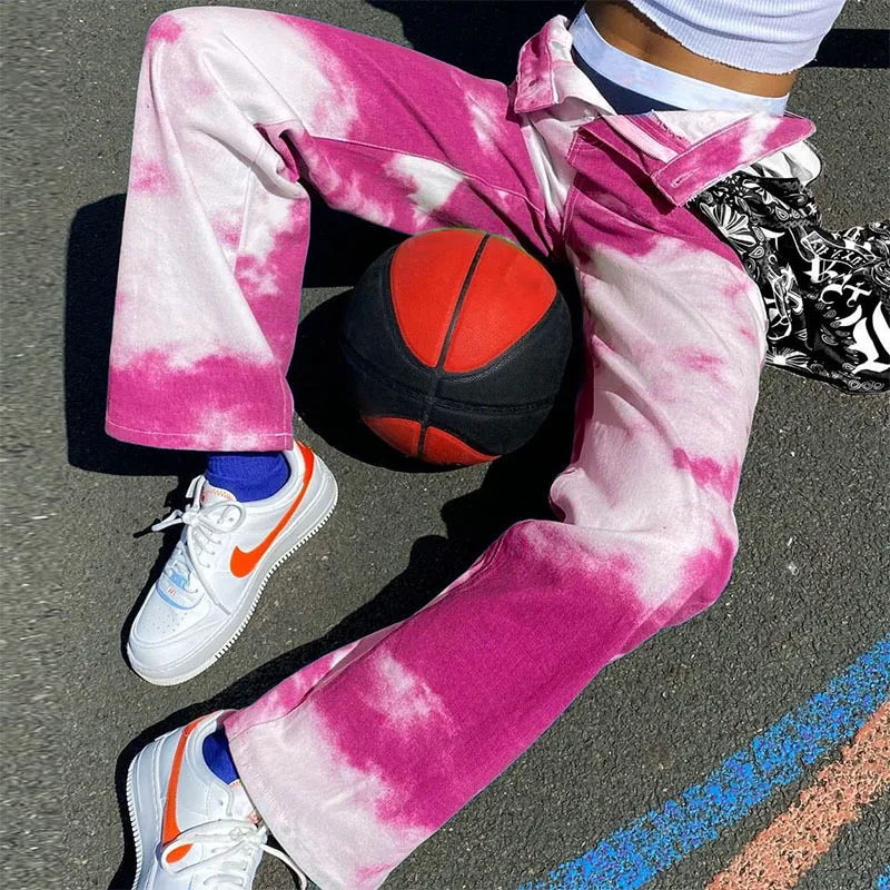 

WW-0160 The Blue Sky White Clouds Leisure Street Snap Hipster Hip-hop Tall Waist Straight Tie-dye Pants Hipster Trousers Women, Customized color