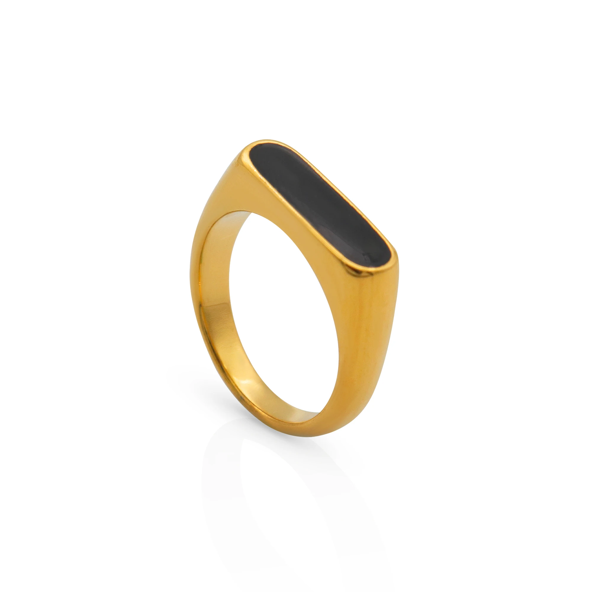 

Chris April in stock PVD gold plated 316L stainless steel Personalized Epoxy black enamel ring, Yellow gold