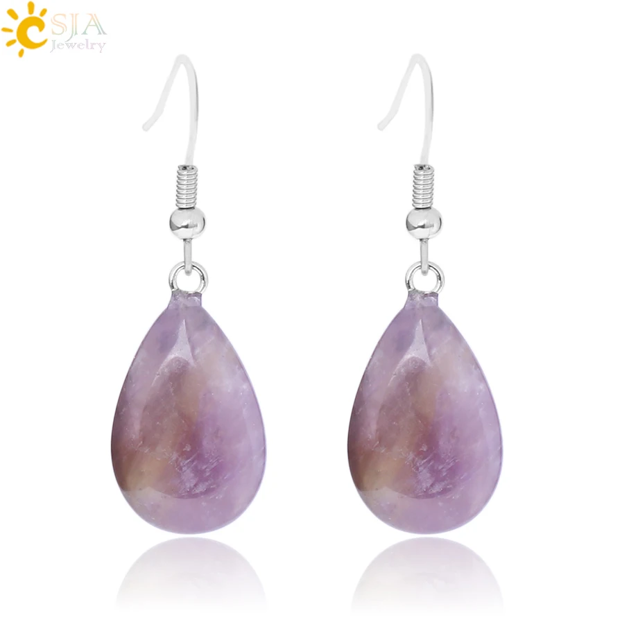 

CSJA hot natural crystal amethyst glaze teardrop pendant fishhook dangle earring 2020 women jewelry E106